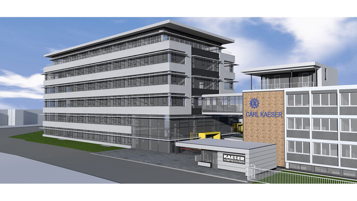 Vedere laterală a animaţiei pe calculator a noii clădiri administrative de la Kaeser Kompressoren